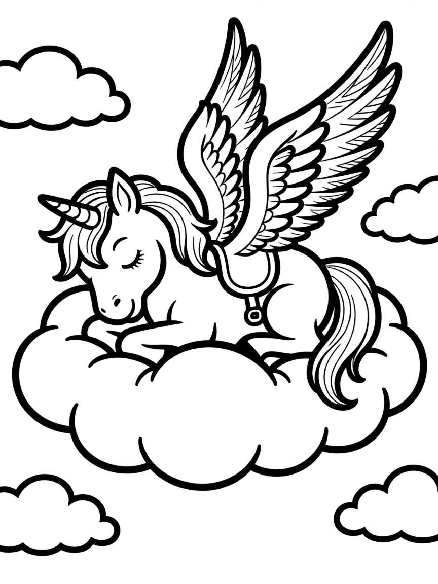 Sleepy pegasus napping on cloud cushion