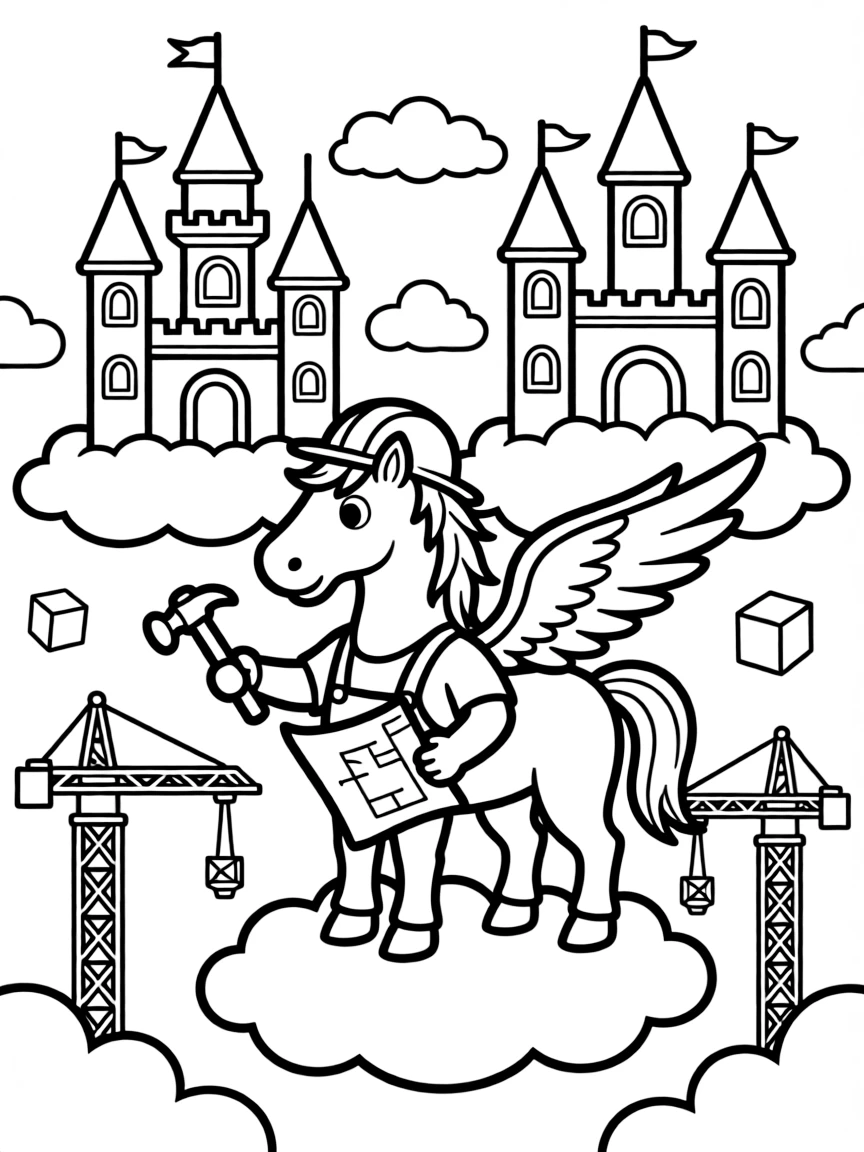 Construction worker pegasus building sky castles