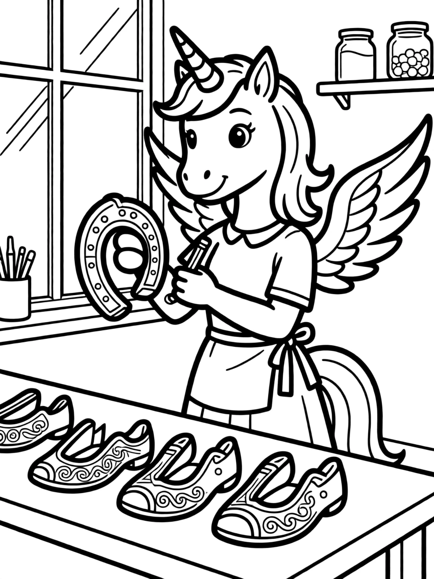 Fashion designer pegasus creating stylish horseshoes