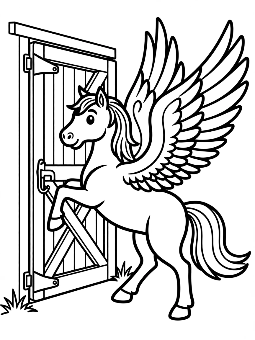 Pegasus trying to fit through regular horse stable door