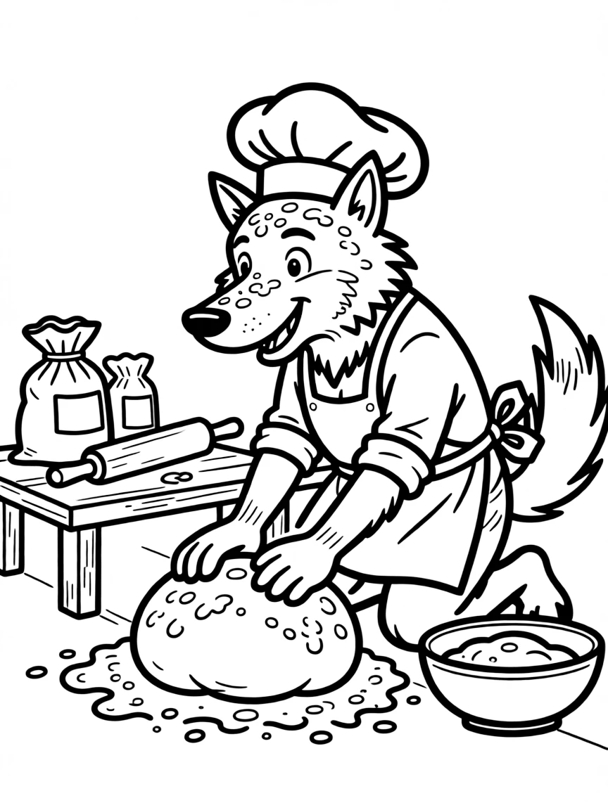 Baker werewolf with flour-dusted fur kneading dough