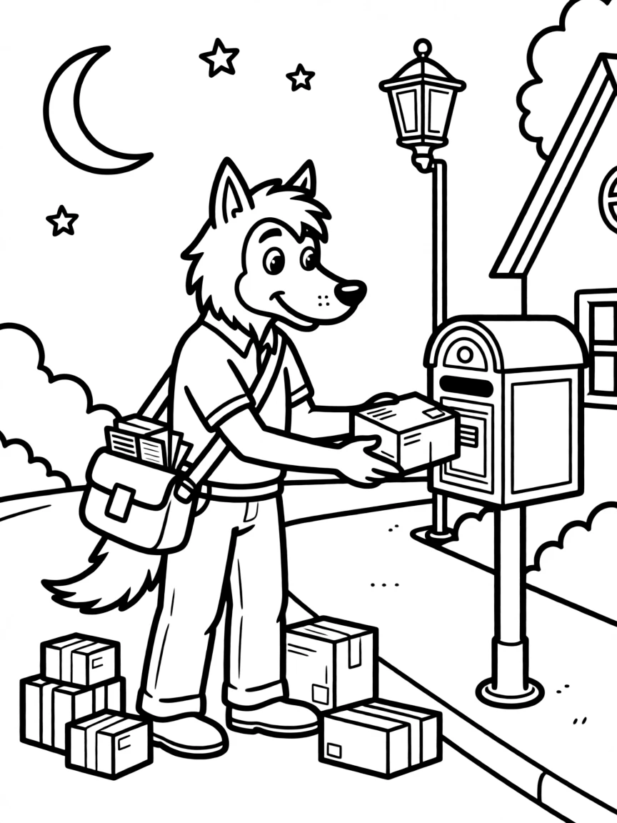 Werewolf mail carrier delivering parcels at night