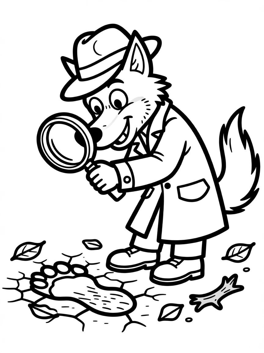 Detective werewolf sniffing for clues with magnifying glass