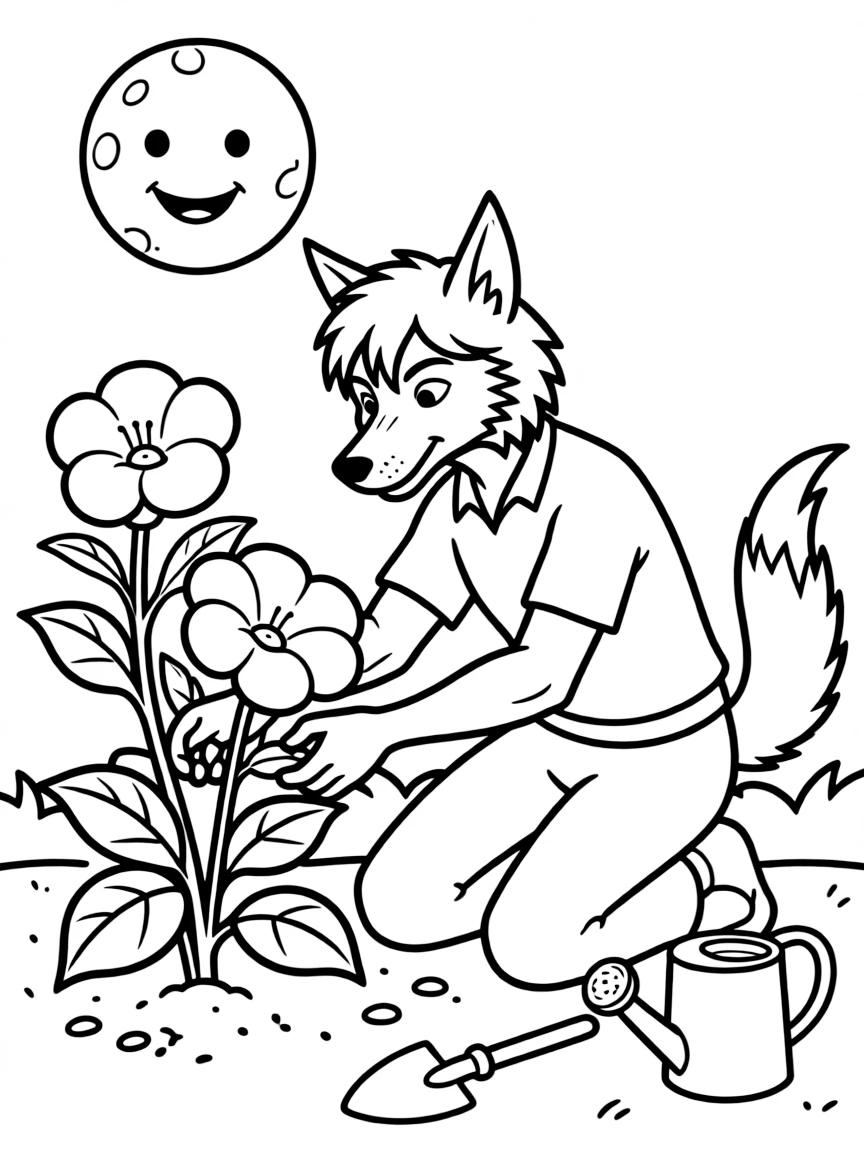 Gardener werewolf planting moonflowers carefully