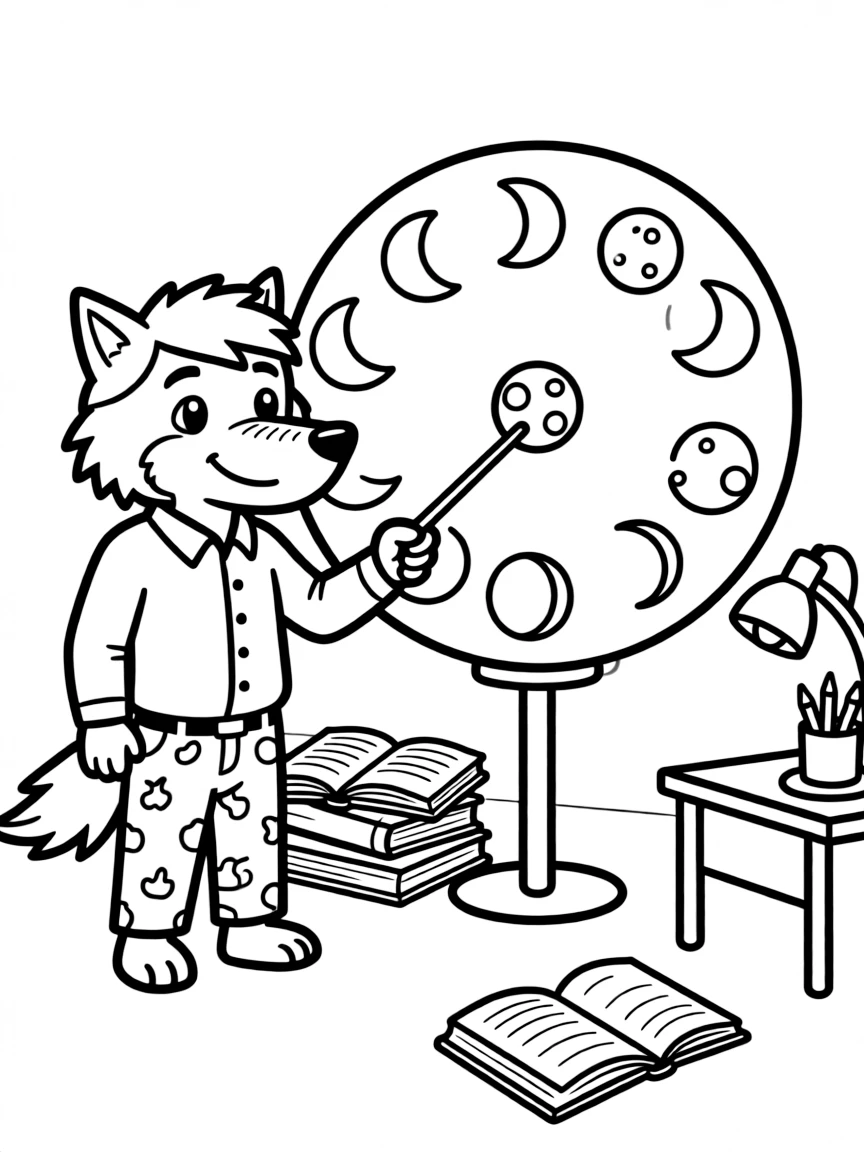Teacher werewolf with moon chart and pointer