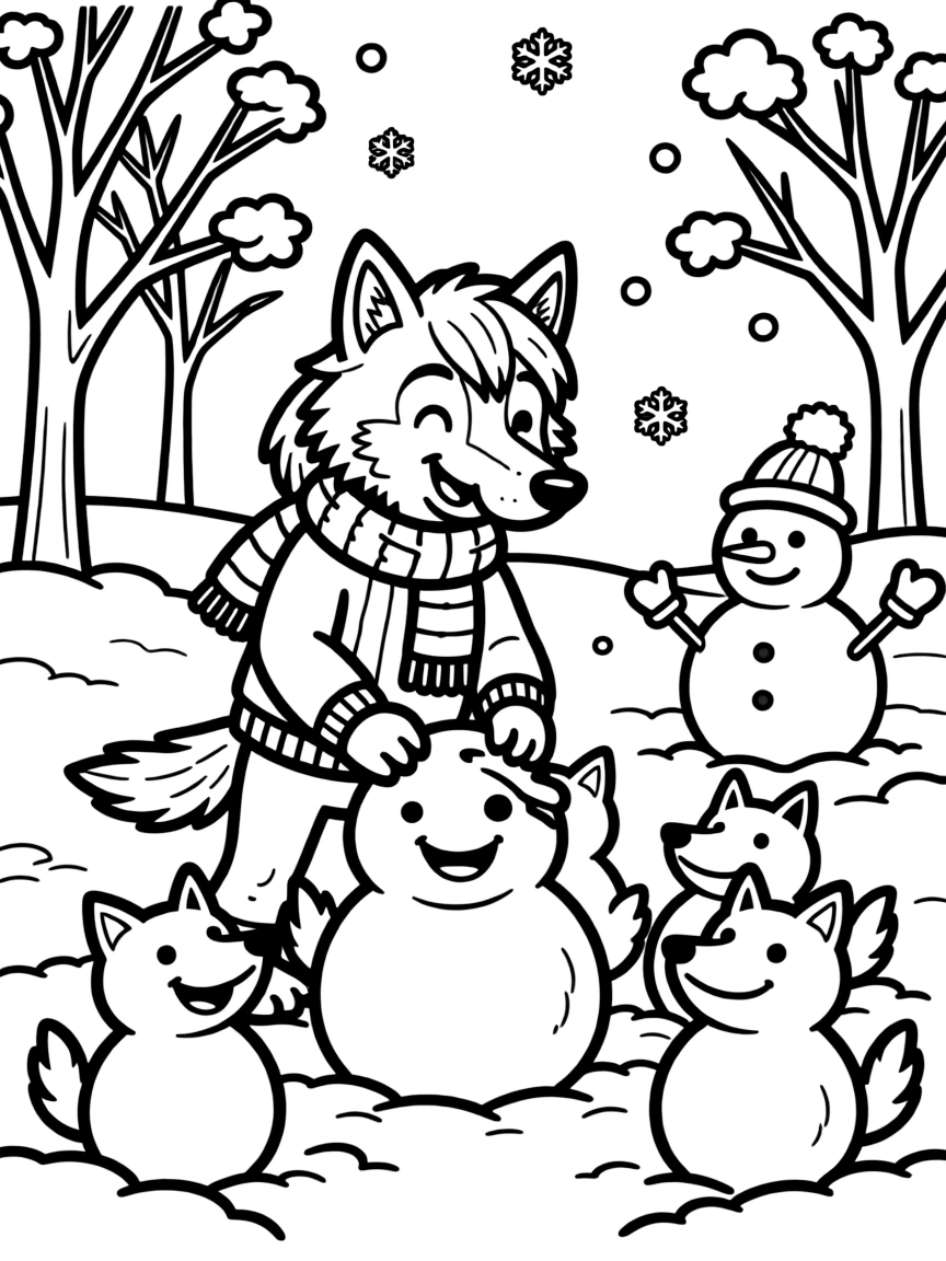 Winter werewolf making snow wolves in yard