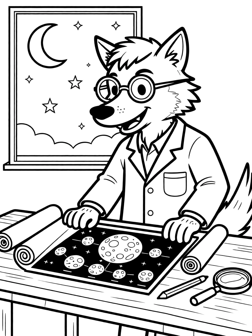 Scientist werewolf studying lunar charts