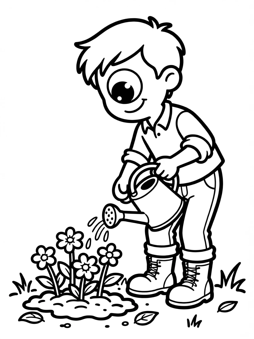 Gardener cyclops carefully watering tiny flowers