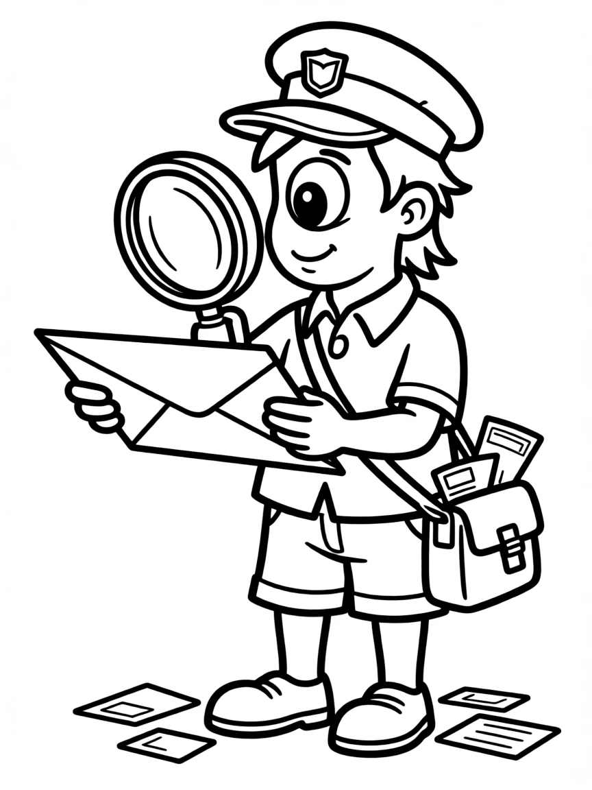Mail carrier cyclops reading addresses with magnifying glass