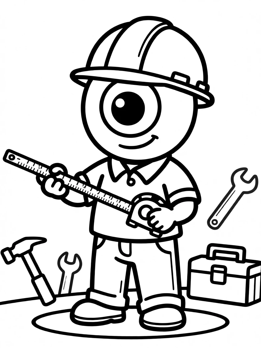 Construction worker cyclops measuring with one eye