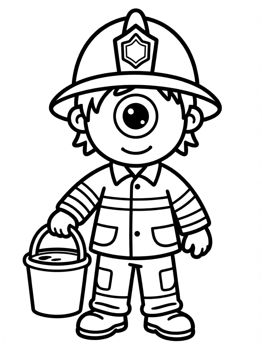 Firefighter cyclops with water bucket and helmet