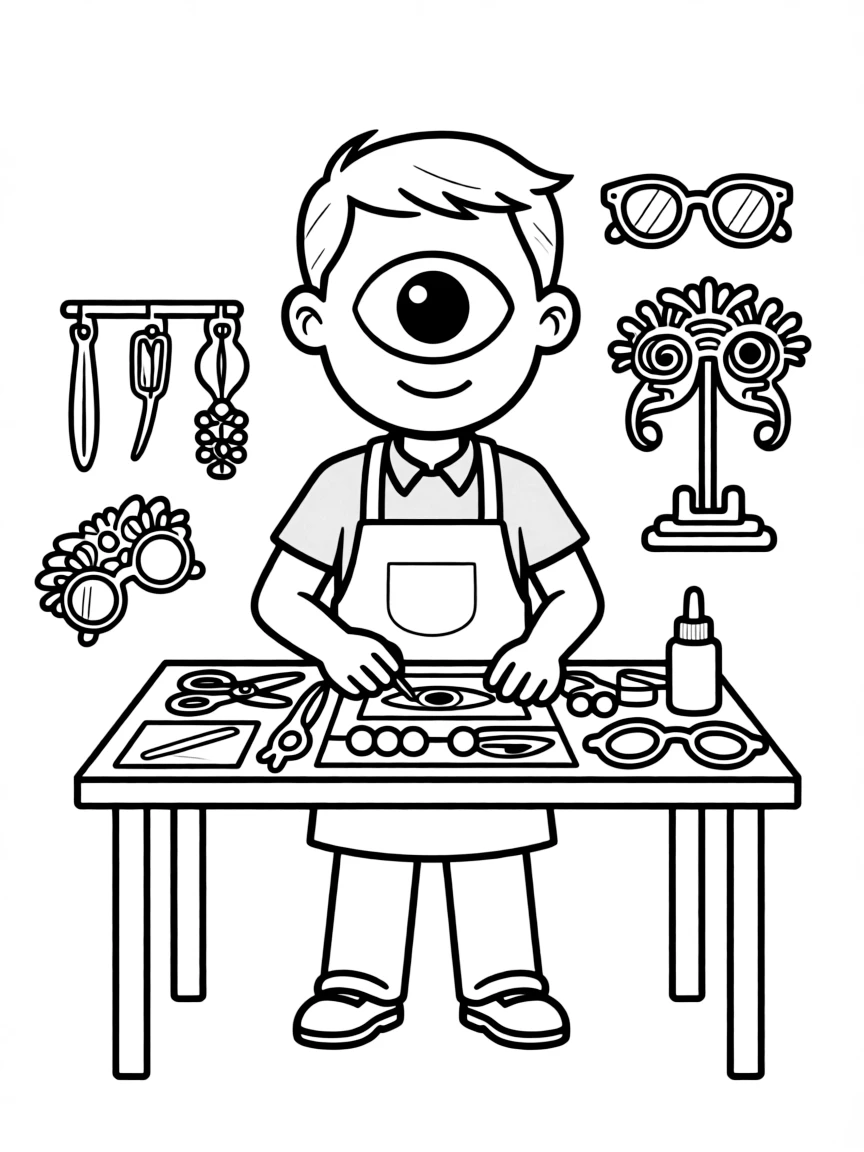 Fashion designer cyclops creating eye accessories