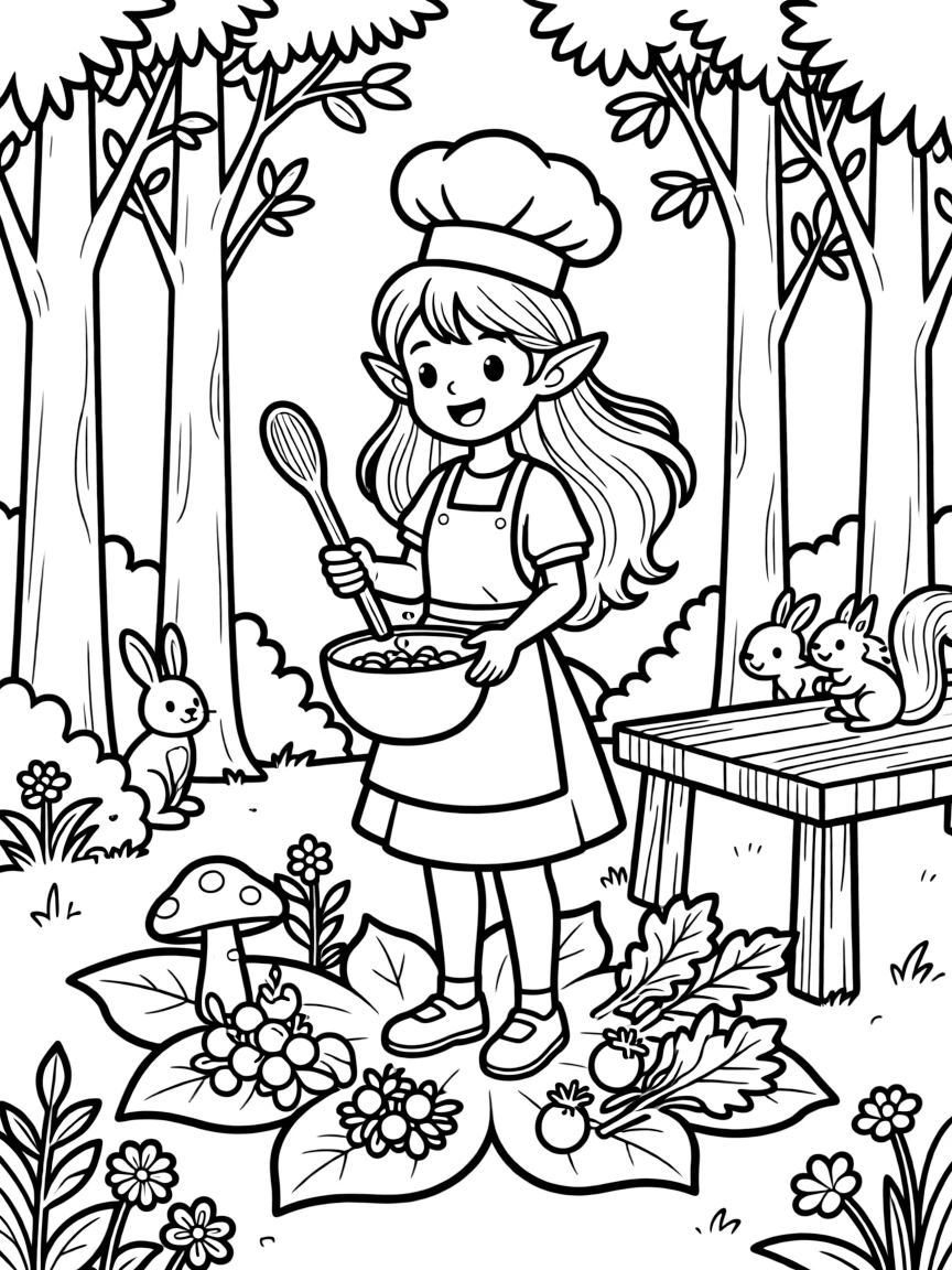 Chef nymph cooking with fresh forest ingredients