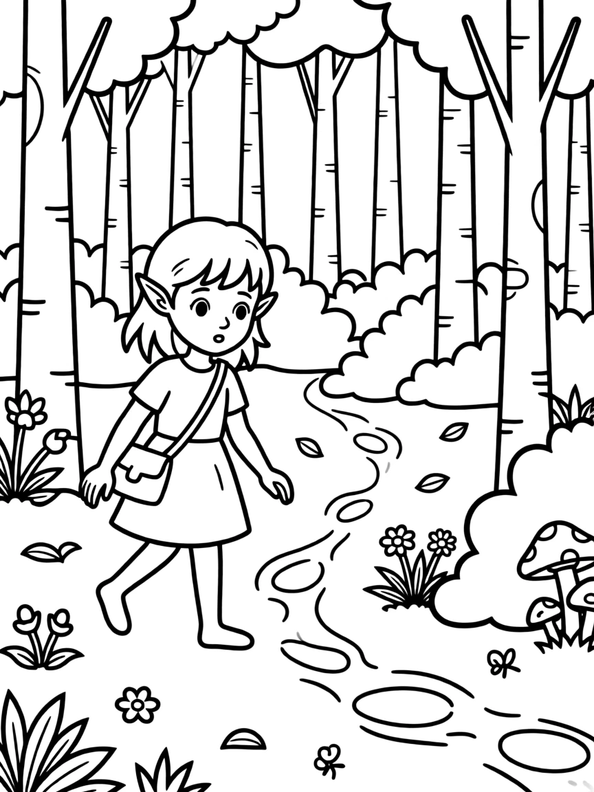 Detective nymph following animal tracks through forest