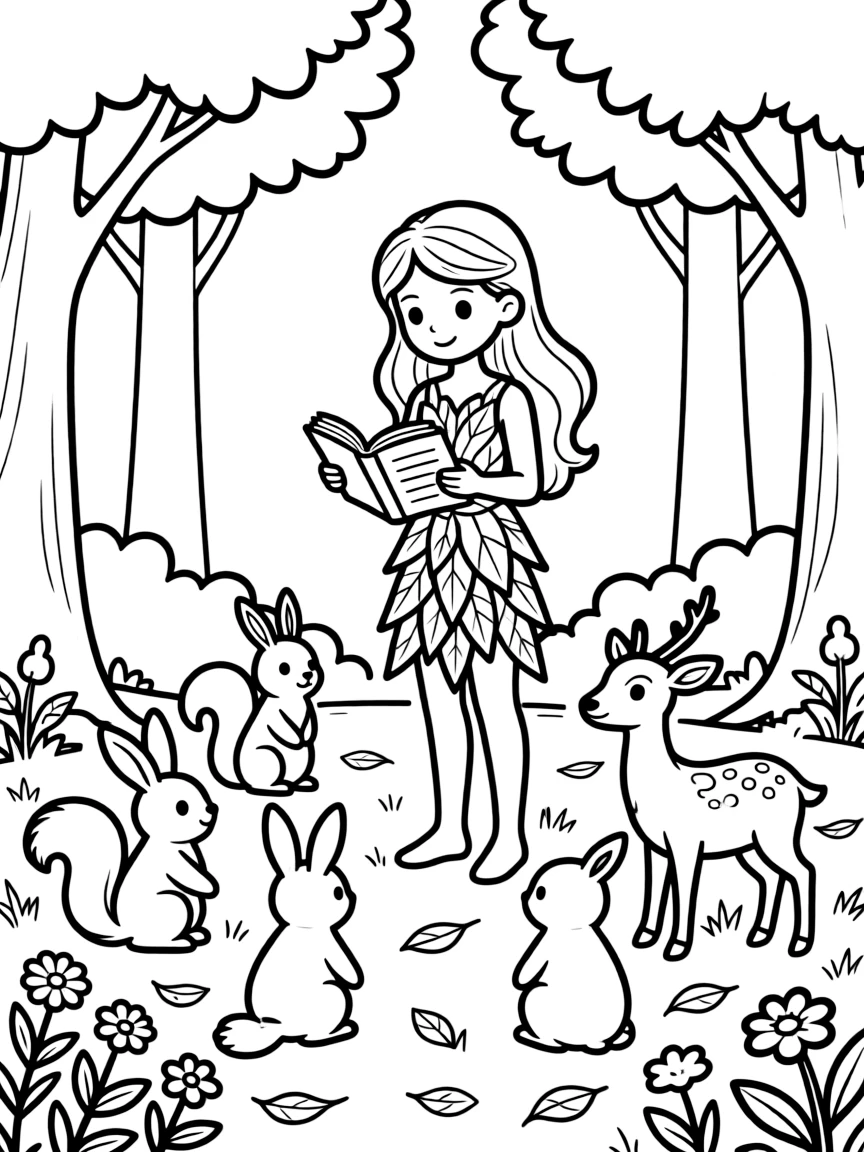 Teacher nymph giving lessons to forest creatures