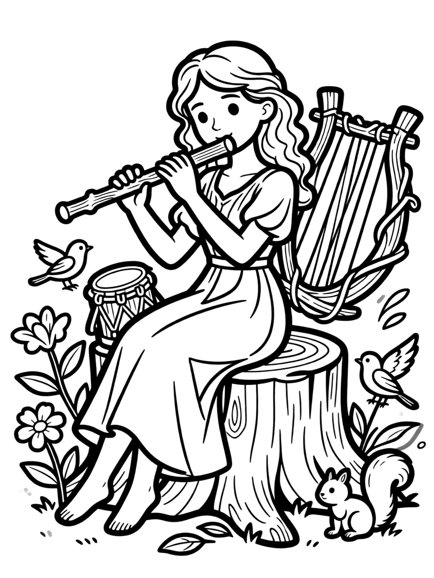 Musician nymph playing instruments made from nature