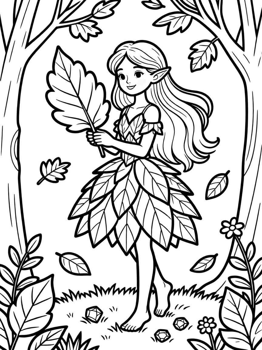 Fashion designer nymph creating clothes from leaves