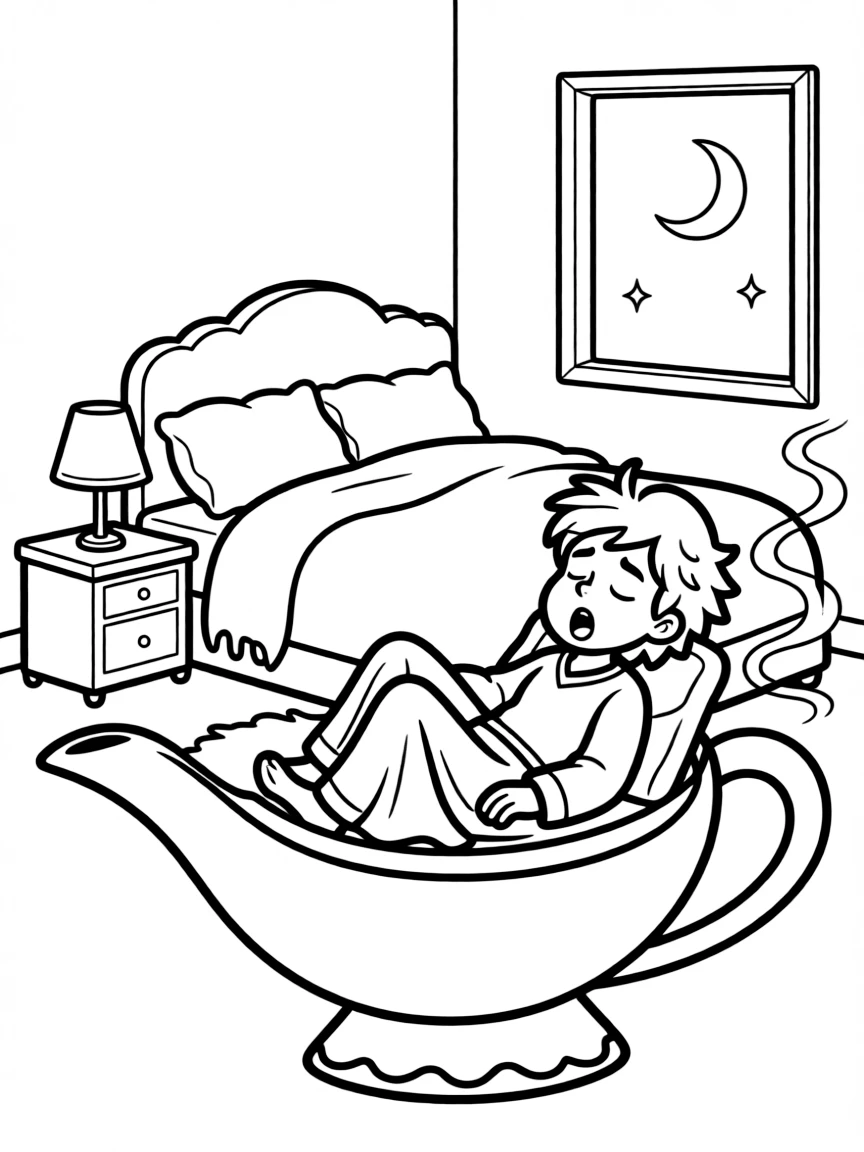 Sleepy djinn whose lamp is a cozy bedroom