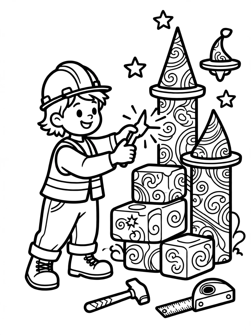 Construction worker djinn building magical structures