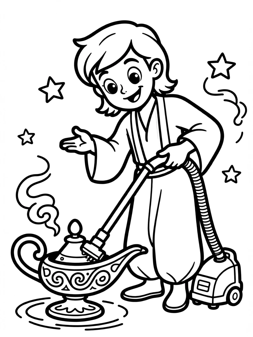 Djinn trying to vacuum inside its own tiny lamp