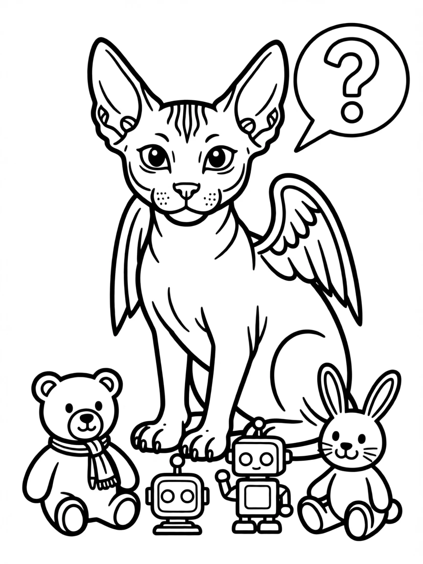 Baby sphinx asking simple riddles to toys