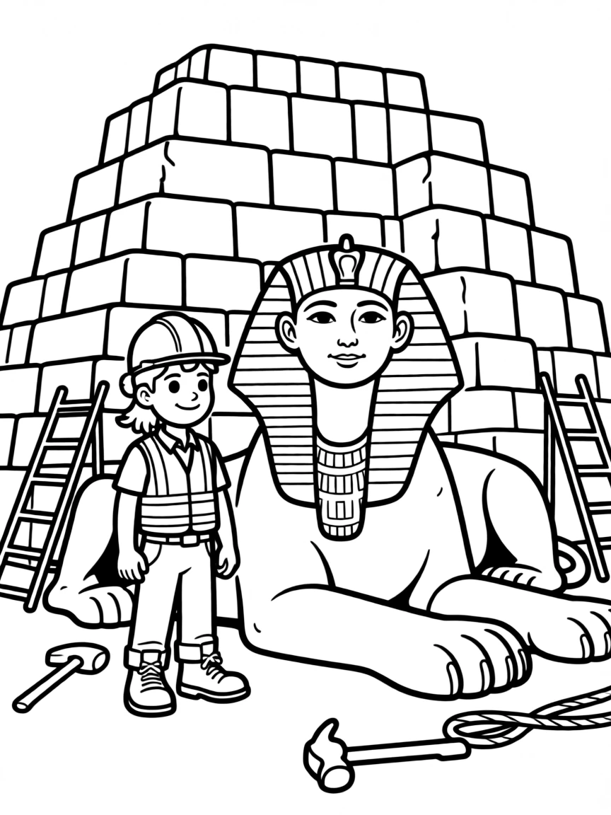 Construction worker sphinx building mysterious structure