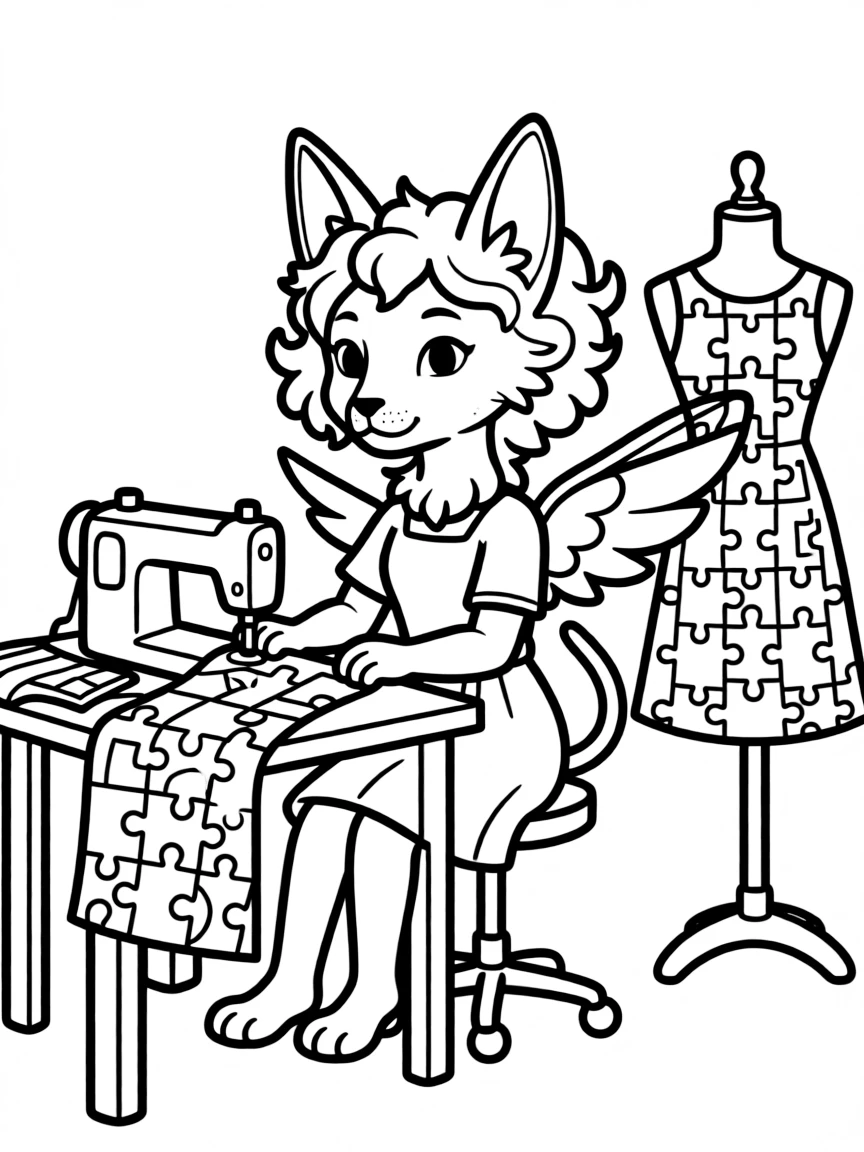 Fashion designer sphinx creating puzzle pattern clothes