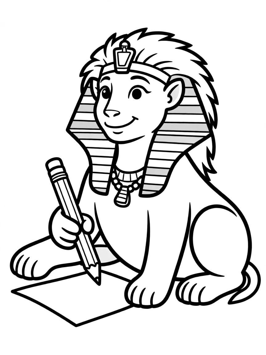 Sphinx trying to write riddles with paw-held pencil