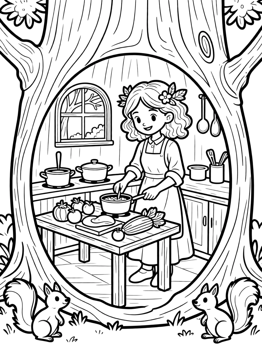 Chef dryad cooking in hollow tree kitchen