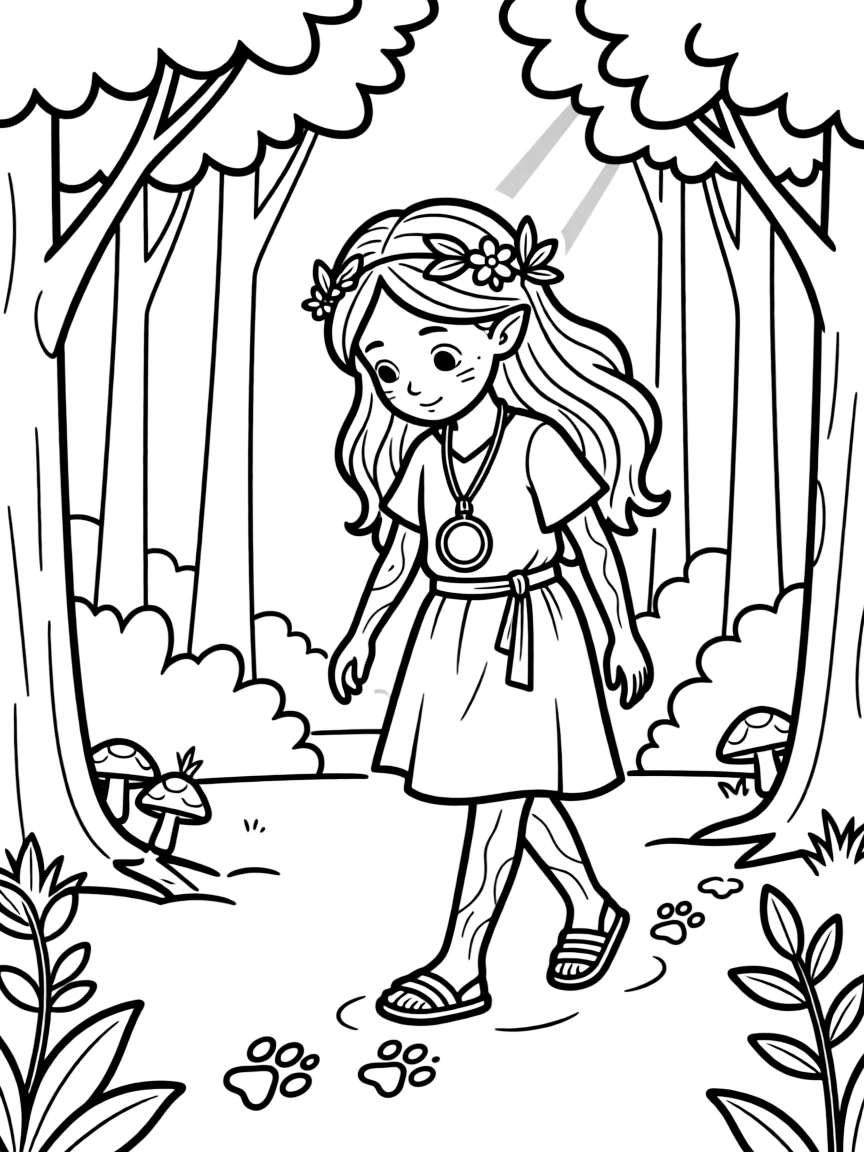 Detective dryad tracking footprints through forest