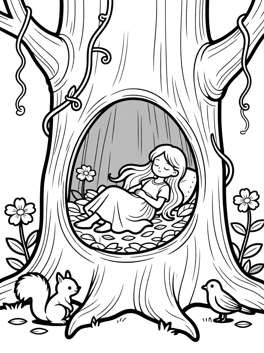 Sleepy dryad nestled in tree hollow bed