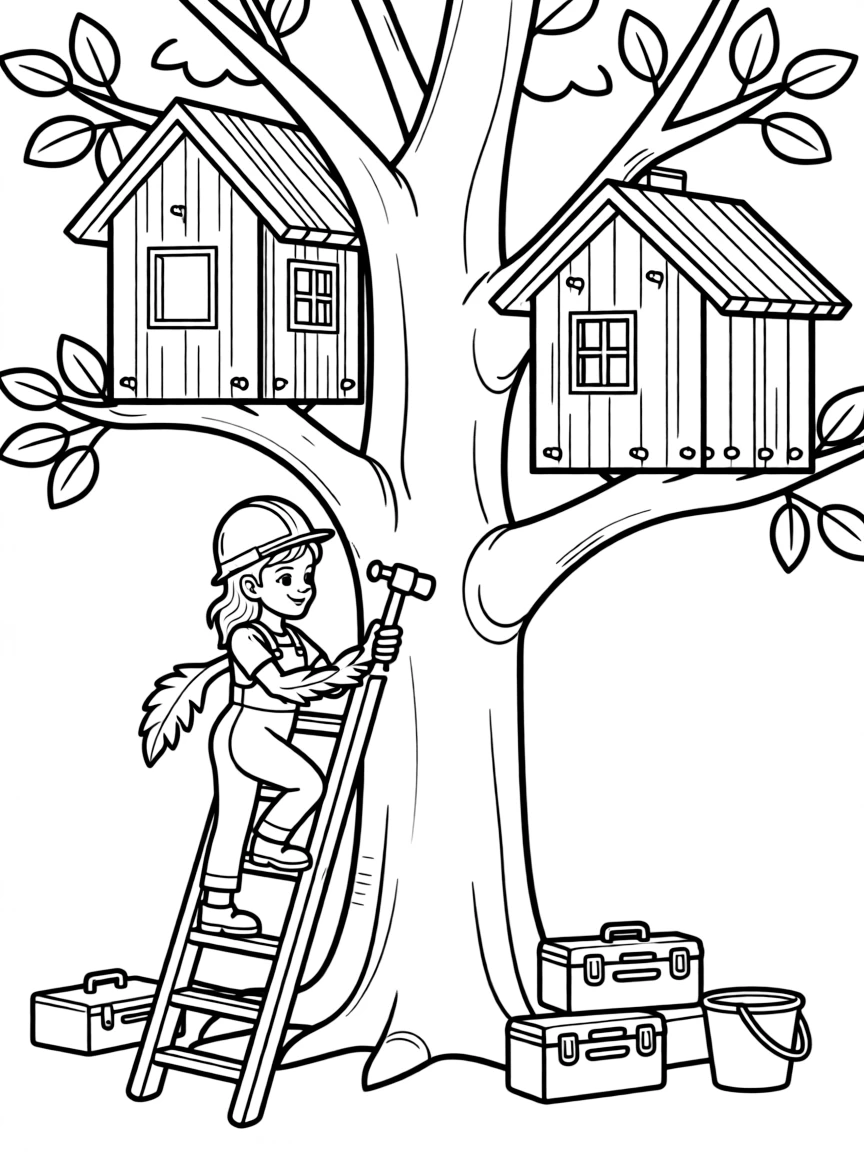 Construction worker dryad building tree houses