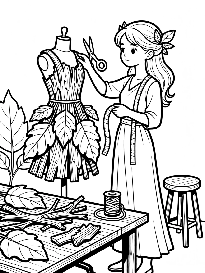 Fashion designer dryad creating bark and leaf clothing