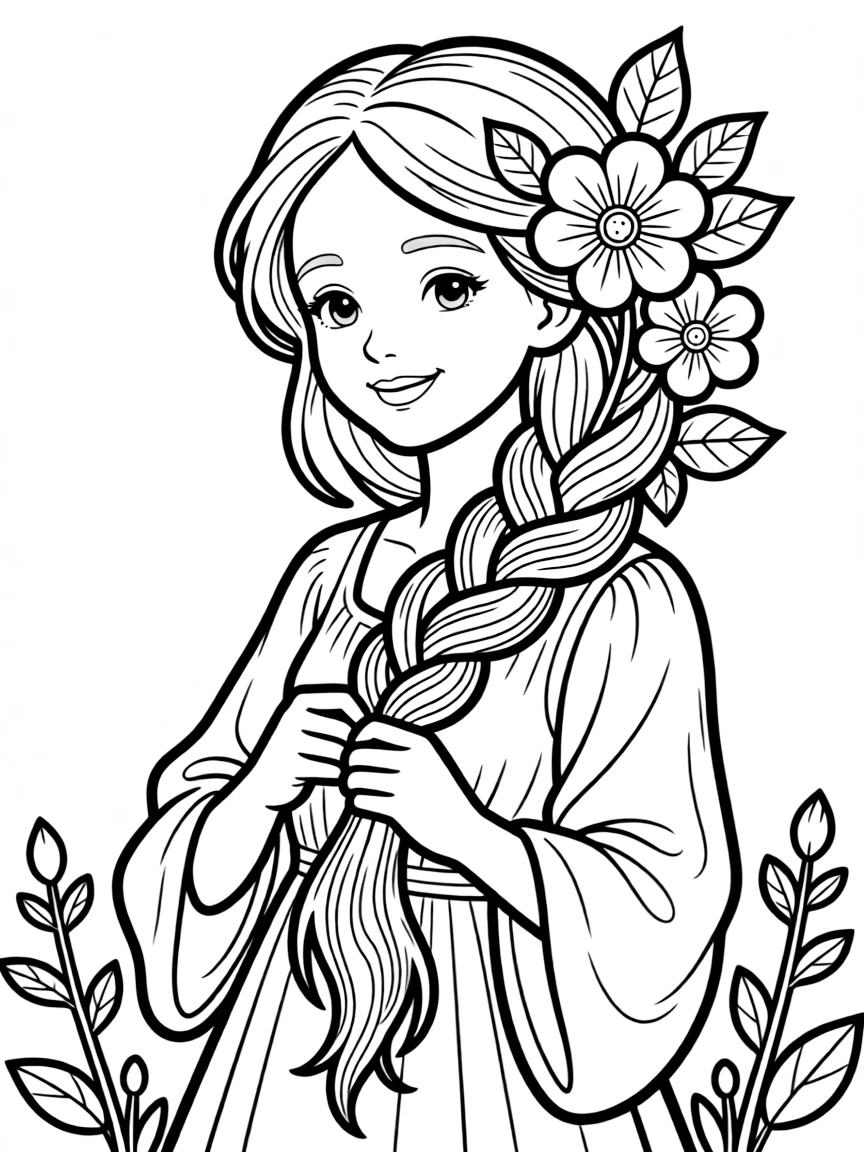 Dryad braiding flowers into bark-textured hair