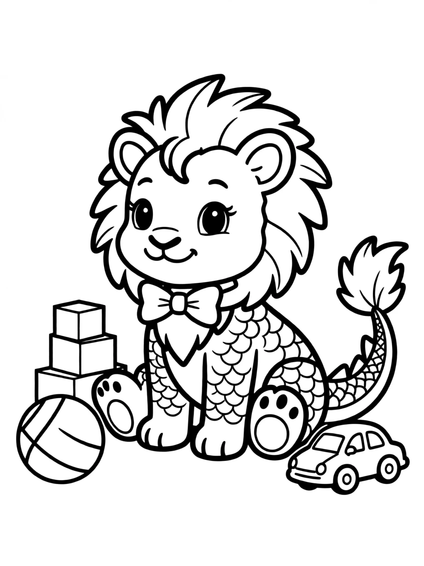 Baby chimera with mismatched parts playing with toys