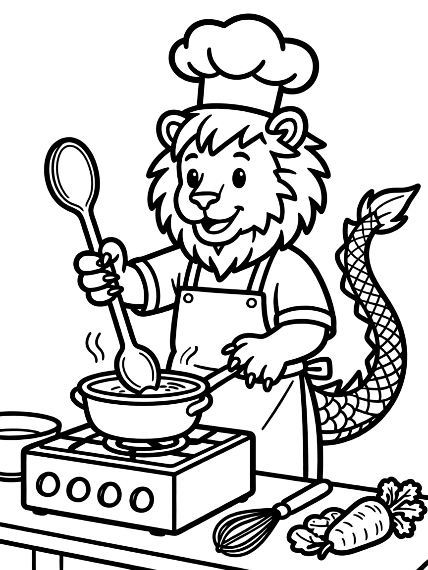 Chef chimera using lion paws and dragon tail to cook