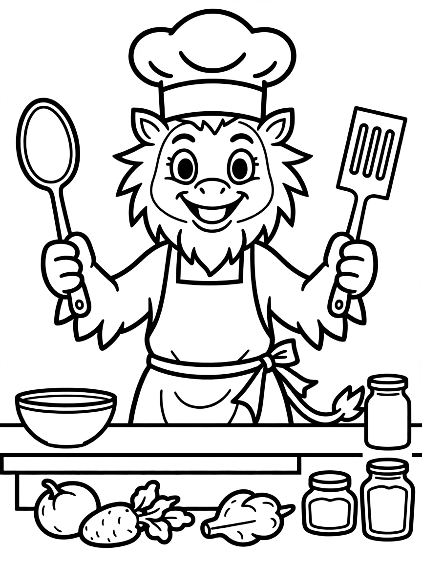 Chef gryphon cooking with talon-held utensils