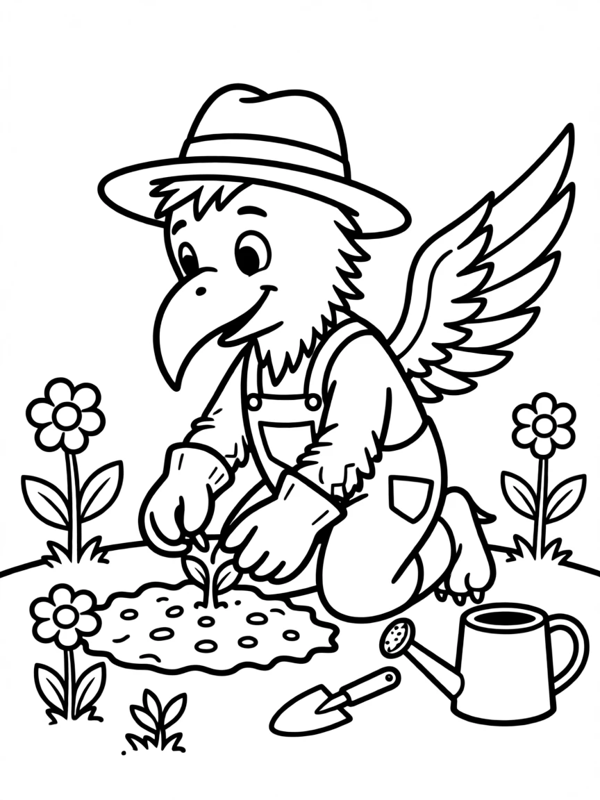 Gardener gryphon planting seeds with gentle claws