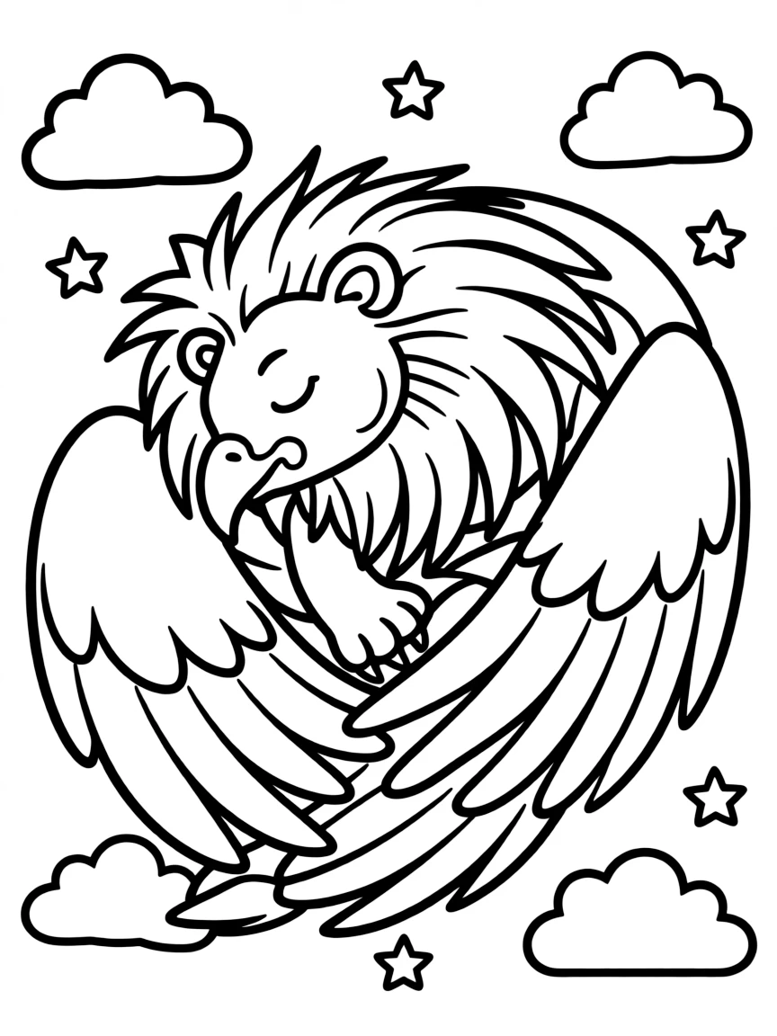 Sleepy gryphon curled up with wings as blanket