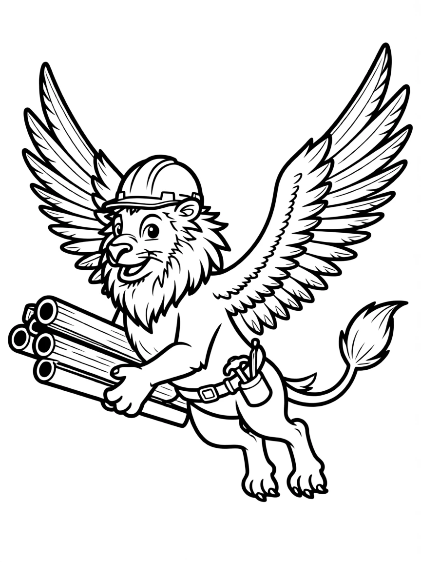 Construction worker gryphon carrying materials in flight