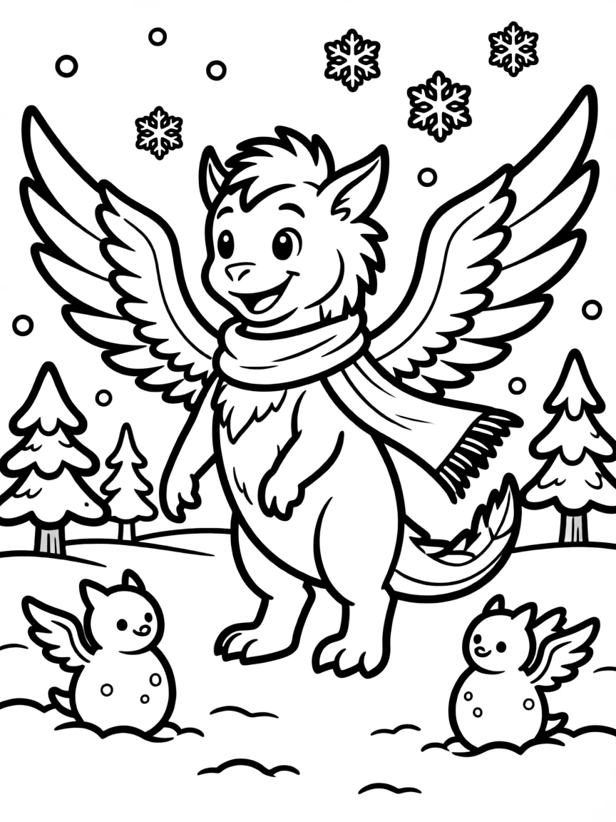 Winter gryphon making snow gryphons with wings