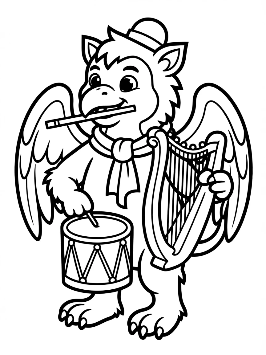 Musician gryphon playing instruments with beak and paws