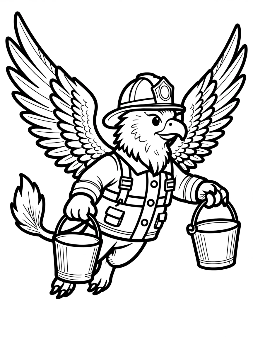 Firefighter gryphon carrying water buckets in flight