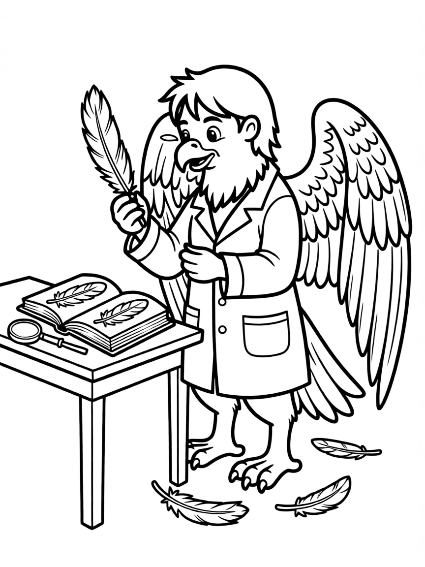 Scientist gryphon studying feather aerodynamics