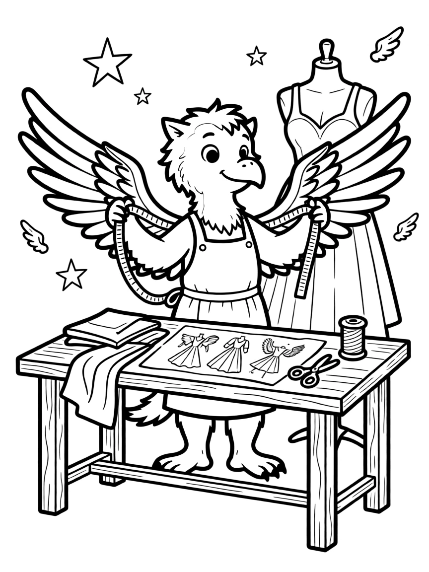 Fashion designer gryphon creating fashions for wings