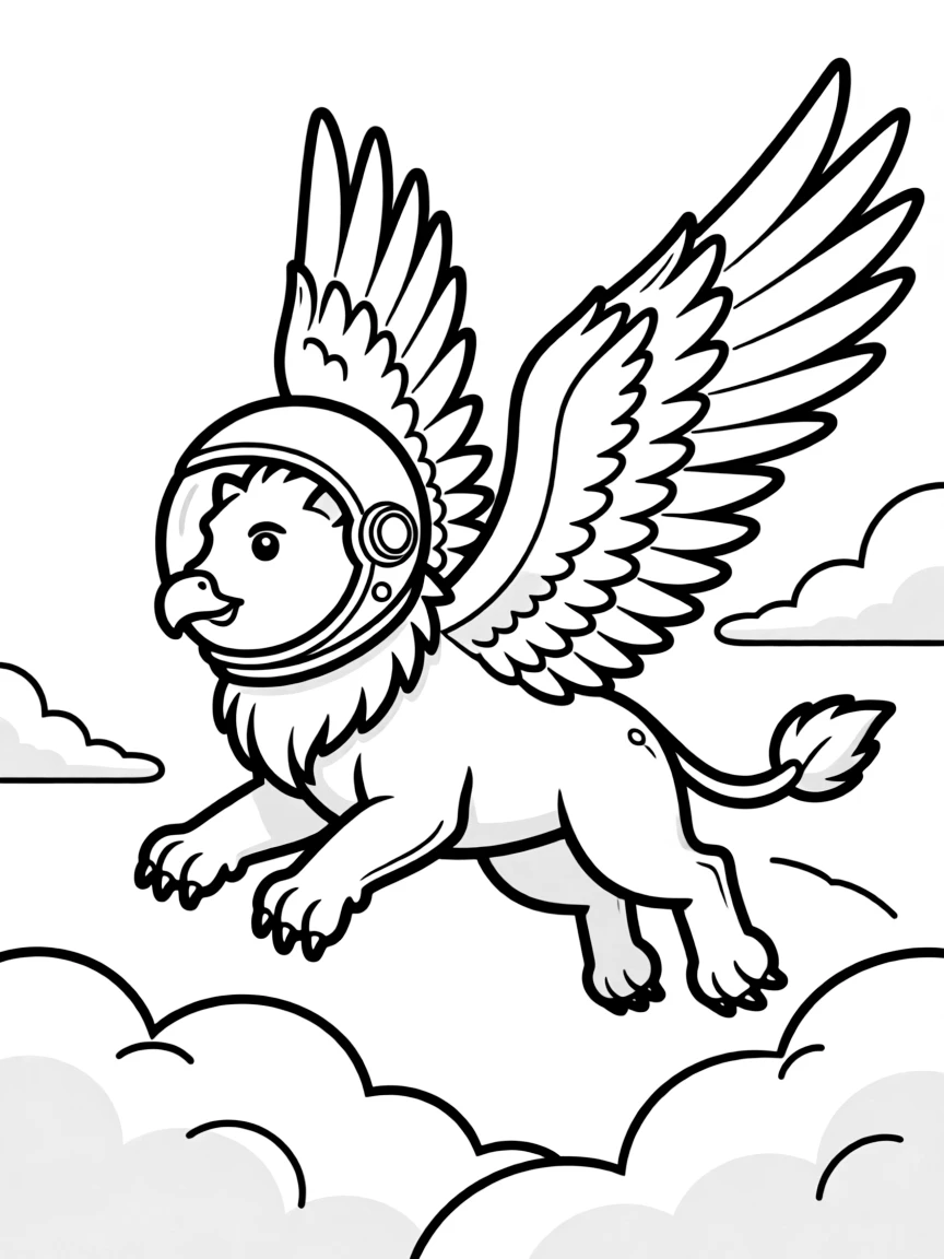 Astronaut gryphon soaring through clouds with helmet