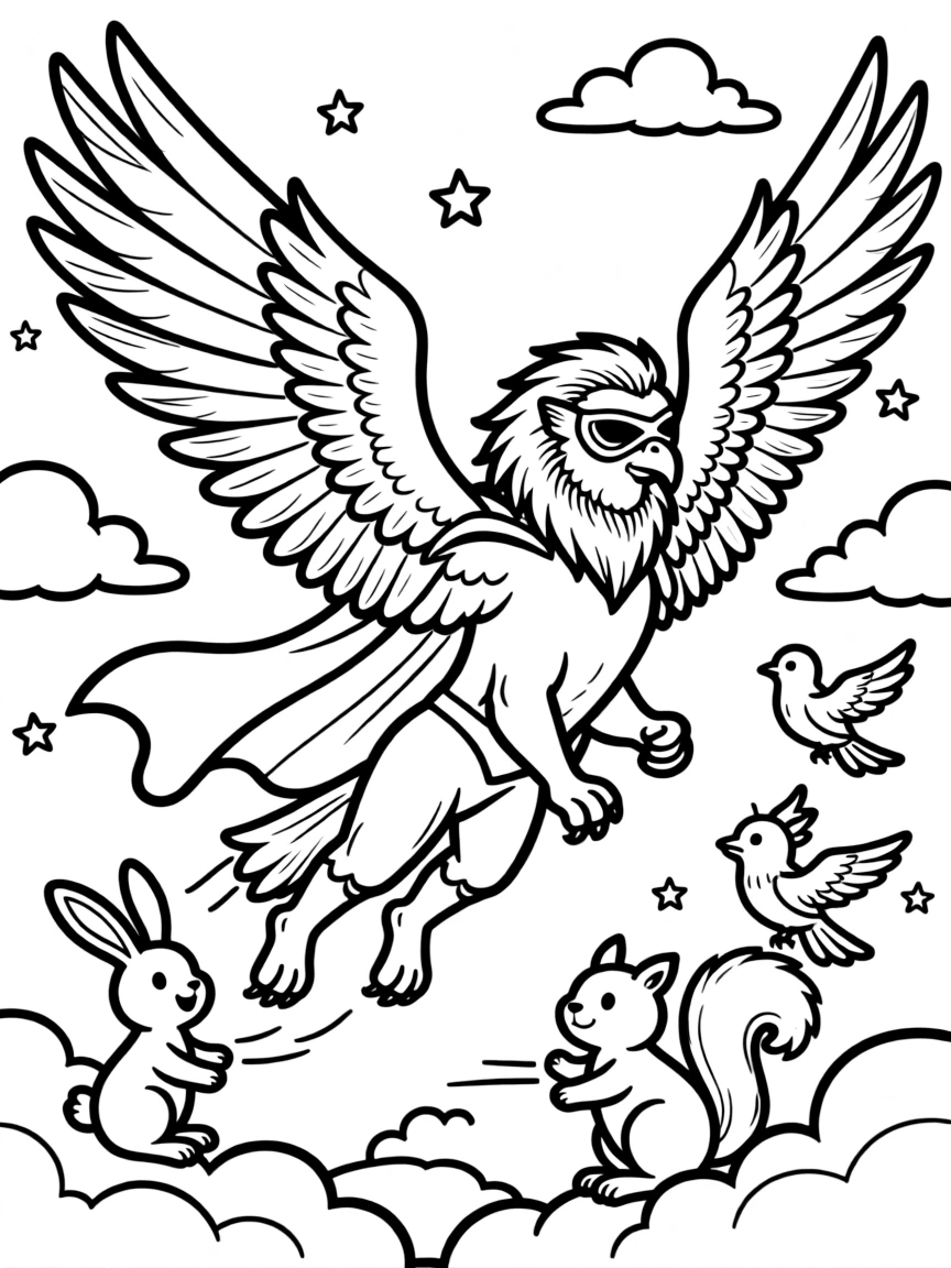 Superhero gryphon saving creatures with flying powers