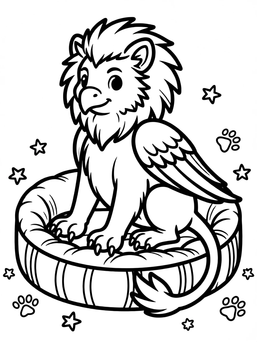 Gryphon trying to fit into cat bed with wings folded
