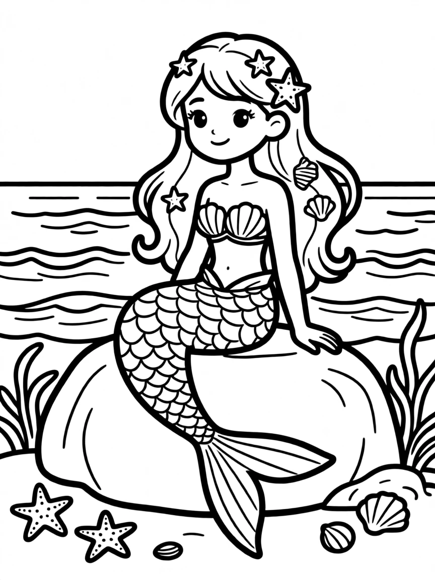 A beautiful mermaid with flowing hair adorned with small starfish and shells, relaxing on a rock