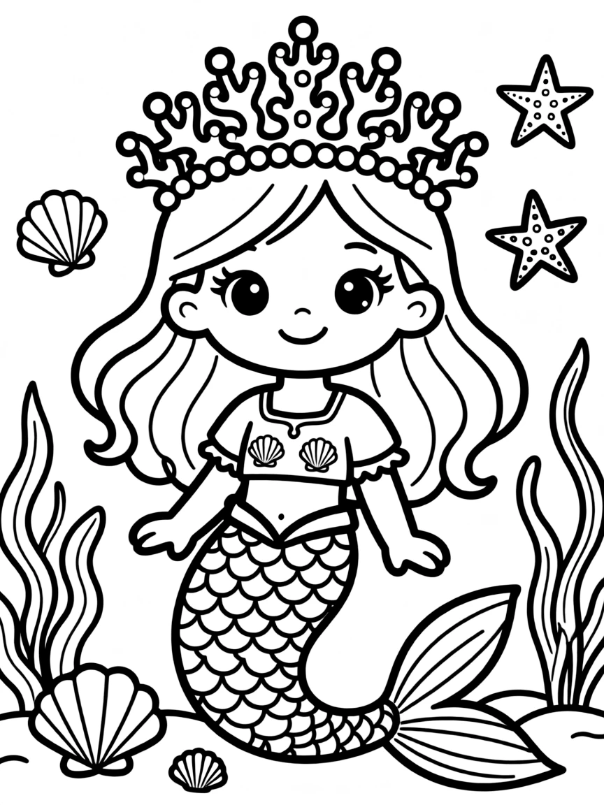 Young mermaid princess with an intricate crown made of coral and pearls